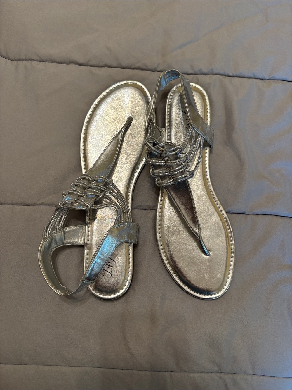 Women's Metallic Silver T-Strap Slingback Sandals